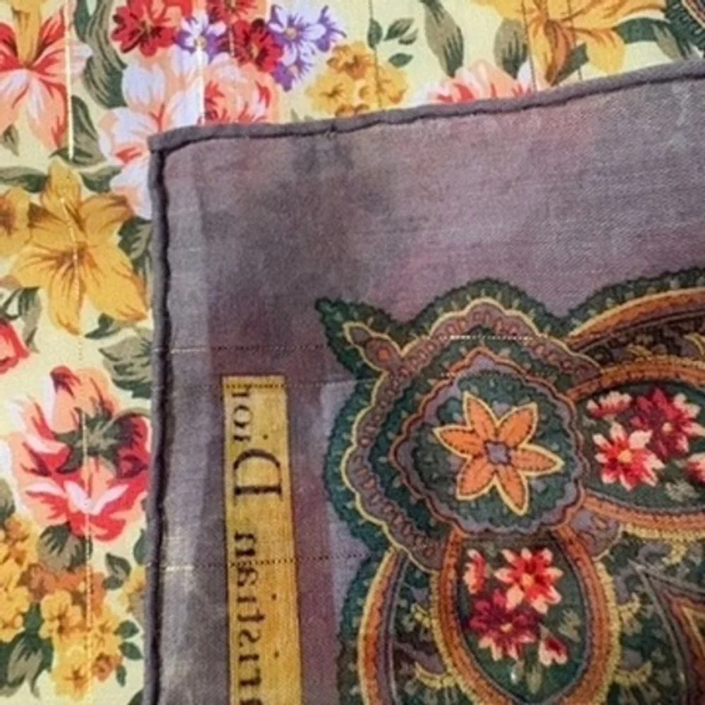 Vtg CHRISTIAN DIOR Scarf Handkerchief Floral Brown Cream 20